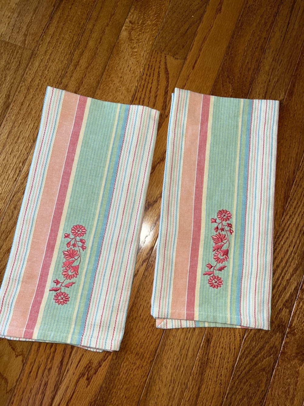 Cost Plus World Market Pastel Striped Kitchen Towels with Pink Floral Embroidery